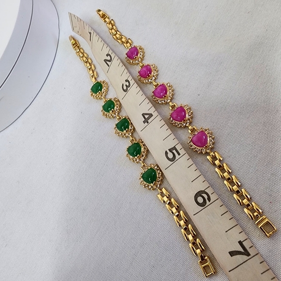 Gold with Pink Jade Hearts Bracelet - Picture 3 of 7